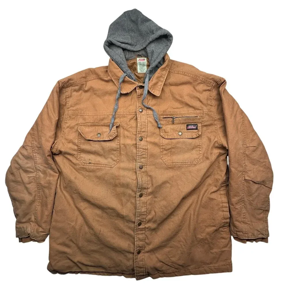 Genuine Dickies Duck Canvas Hooded Work Jacket Mens Large Brown Quilted Lined